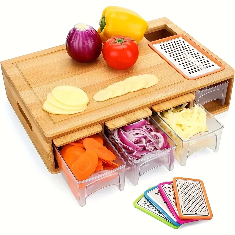 1pc Durable Artificial Wood Cutting Board with Storage Drawer, Juice Grooves