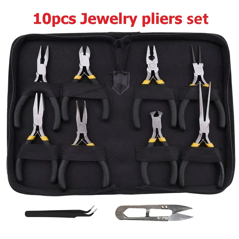 10pcs set of jewelry pliers, professional DIY jewelry pliers set, Round Nose Pliers, Oblique Pliers, scissors, tweezers, Pointed-node Pliers, Oblique Pliers, perfect for making bead and home jewelry, holiday gifts for artists and craft enthusiasts