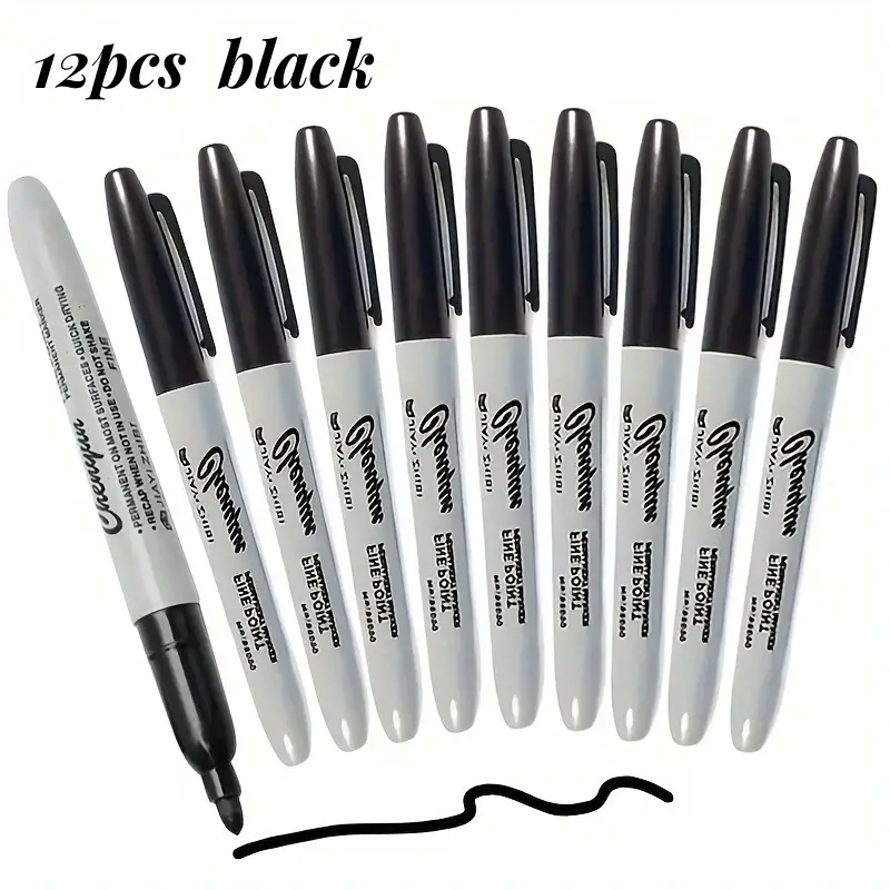 12 Black Permanent Markers, Smudge-proof, with Quick-drying Ink, Perfect for Different Environments Such As School, Workplace, Home And Art Drawing. Perfect Office Supplies for Colleagues