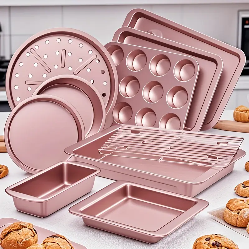 10pcs Non-Stick Baking Pans Set - Deluxe Carbon Steel Bakeware Set W/ Cookie Sheets, Muffin Pan, Roasting Pan, Cake Pan, Baking Tray, Pizza Pan - Easy To Clean, Black