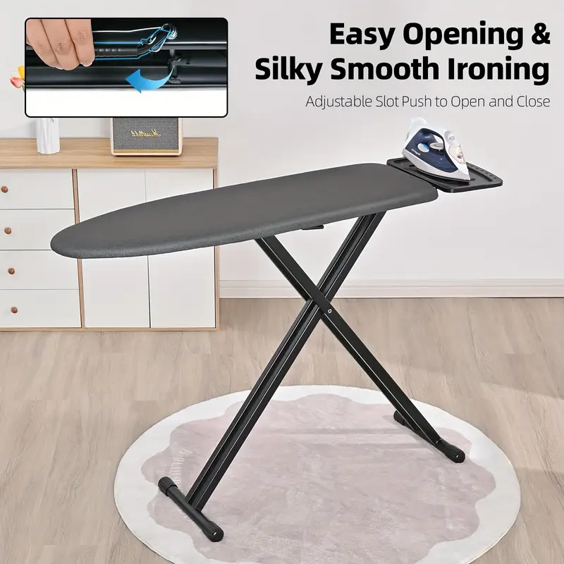 Ironing Board, Full Size Iron Board, Lightweight Ironing Board With Iron Rest, Extra Thick Heat-Resistant Cover With Padding, Height Adjustable, Anti-Skid Sturdy Metal Legs, 43x13 Black