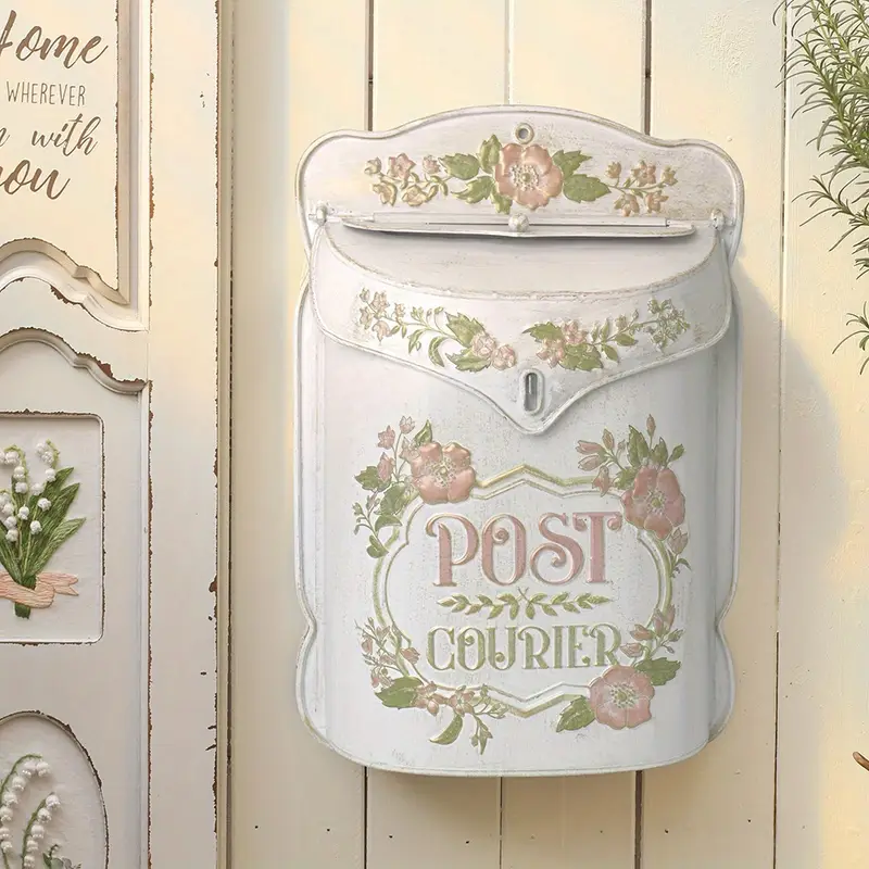Vintage Floral Metal Wall Mailbox – Rustic Farmhouse Style with "POST COURT" Design, Pink & Green Leafy Patterns, Wall-Mounted Letter Box for Garden or Home Decor, Rustic Home Decor