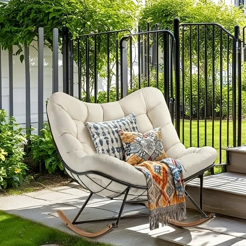 Outdoor Rocking Chair Papasan Rocking Chair with Cushion Outdoor Rocker Recliner Chair for Patio Porch Garden Backyard