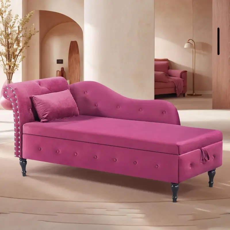 60"Chaise Lounge Indoor, Velvet Lounge Chair with Storage & Pillow, Modern Upholstered Rolled Arm Chase Lounge for Sleeping with Nailhead Trim for Living Room Bedroom Office.