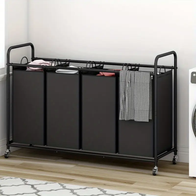4 Bag Black laundry basket sorter laundry hamper cart with heavy duty rolling lockable wheels and removable bags container organiser