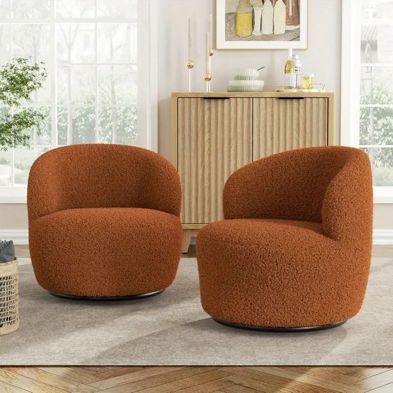 Modern Boucle Swivel Barrel Chair - No Assembly Required, 360-Degree Swivel Base, Plush Upholstered Seat with Soft Foam Padding, Easy-Clean Fabric Armchair for Living Room, Office, Bedroom - Brown Accent Chair, Wingback Design, Textured Fabric