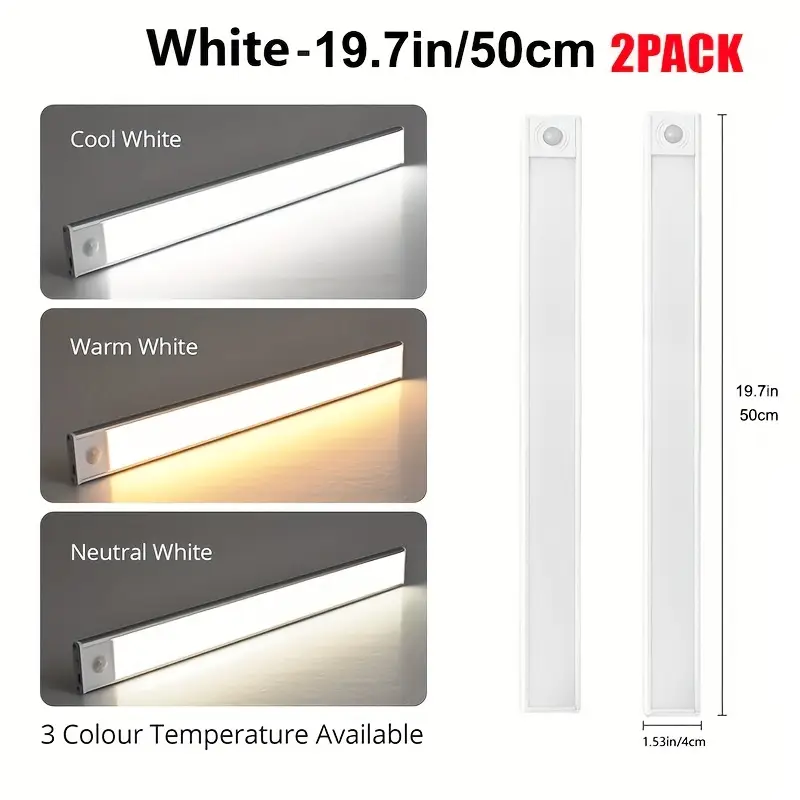 2pcs Motion Sensor LED Cabinet Lights, 3-Color Dimmable Magnetic USB Rechargeable Night Light Fixtures for Kitchen, Closet, Stairs & Corridor - White, Battery Operated with USB Charging, Easy Installation, Motion Sensor Cabinet Lights