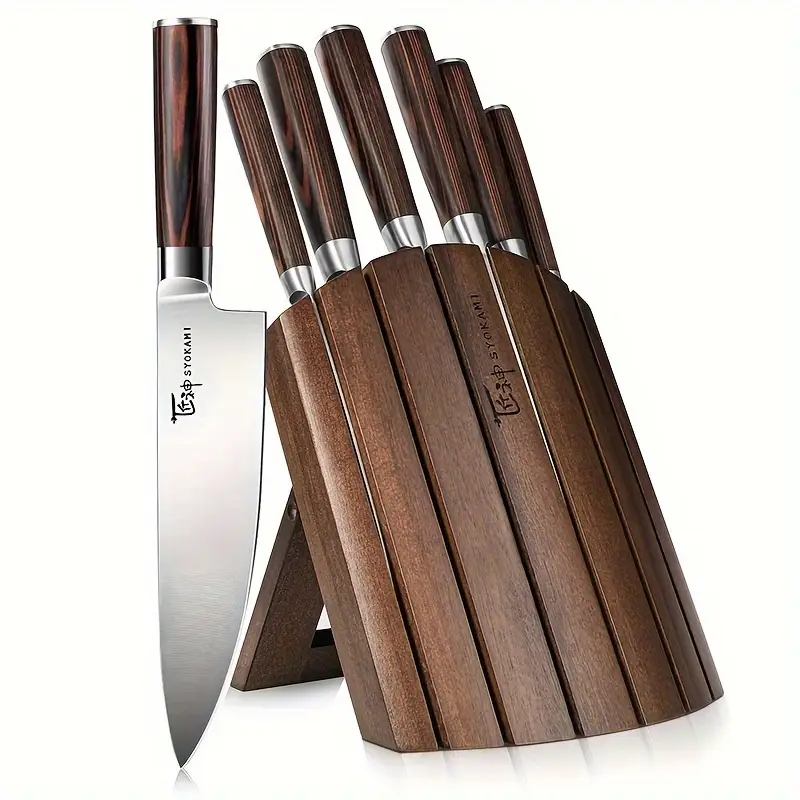 Knife Block Set, 7pcs Japanese Style Kitchen Knives With Collapsible Block-Drawer Or Countertop Organizer, Ultra Sharp High Carbon Steel Cutting Knife With Wood Handle, House Warming Gift