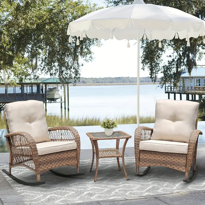 3pcs Outdoor Wicker Rocking Chair Set, Patio Conversation Set with 2 Rattan Rocker Chairs and Glass Coffee Table for Garden Porch Sunroom Deck Backyard