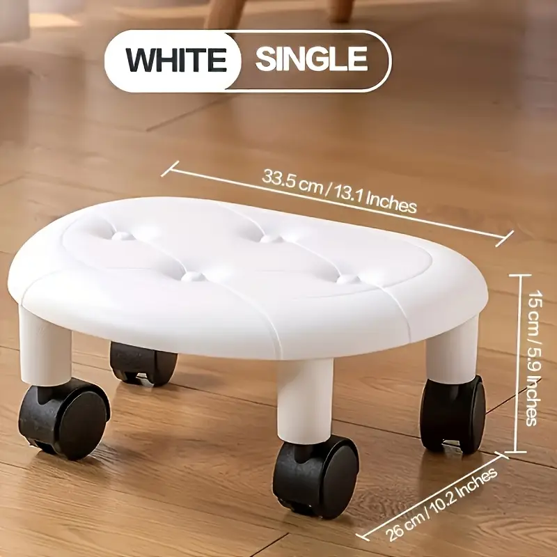 1pc Wheeled Low Stool with 4 Smooth-Rolling Wheels - Durable Metal Frame, Compact 15.7" Round Top, White/Blue/Black - Multi-Use for Living Room, Bedroom, Entryway & Shoe-Changing Stool