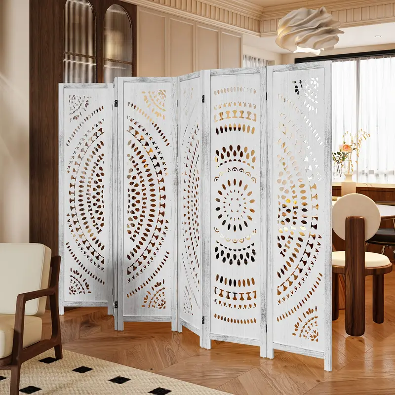 94.5 Inch Folding Room Divider, 3/6 Panels Wood Carved Boho Privacy Screens, Free Assembled Freestanding Partition For Home Office Bedroom Restaurant Studio Apartment, Antique White/Natural Wood