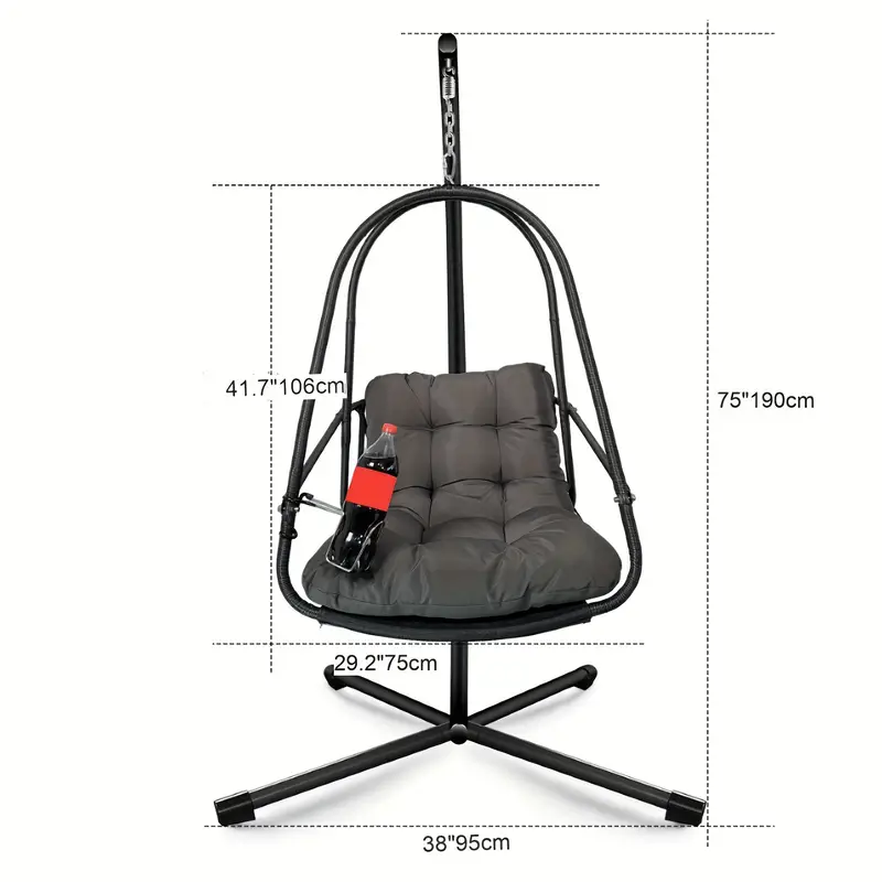 Swing Egg Chair, Hanging Chair, Hammock Chair, with Stand, Cup Holder, Sunshade Cloth, Black UV Resistant Cushion, Wicker Rattan Frame, 350lbs Capacity, Patio, Outdoor