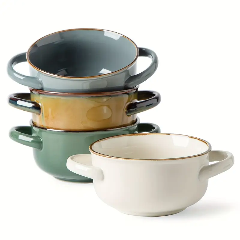 4pcs Color Dopamine Color Matching Ceramic Binaural Bowl, 28oz Super Large Capacity Ceramic Bowl with Handle for Soup, Salad Dessert