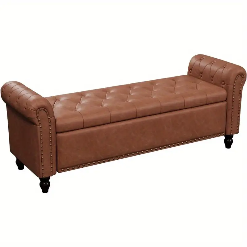 Storage Bench for Bedroom End of Bed, 55" Ottoman with Storage Faux Leather Upholstered Ottoman Bench with Solid Wood Legs Rolled Arms for Bedroom Living Room Entryway
